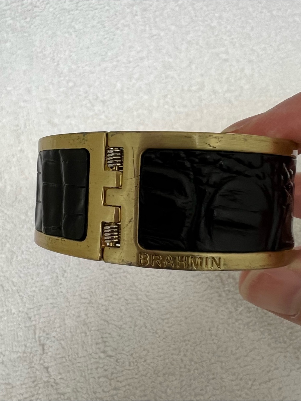 Brahmin Gold Tone and Black Croc Embossed Leather Cuff